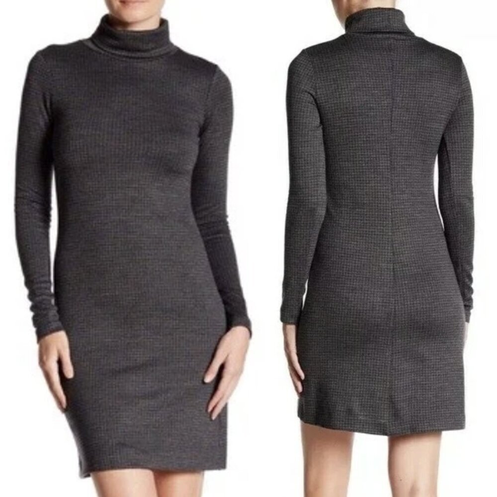Theory Tajello Delfina Wool Blend Houndstooth Turtleneck Sweater Dress, Grey, XS
